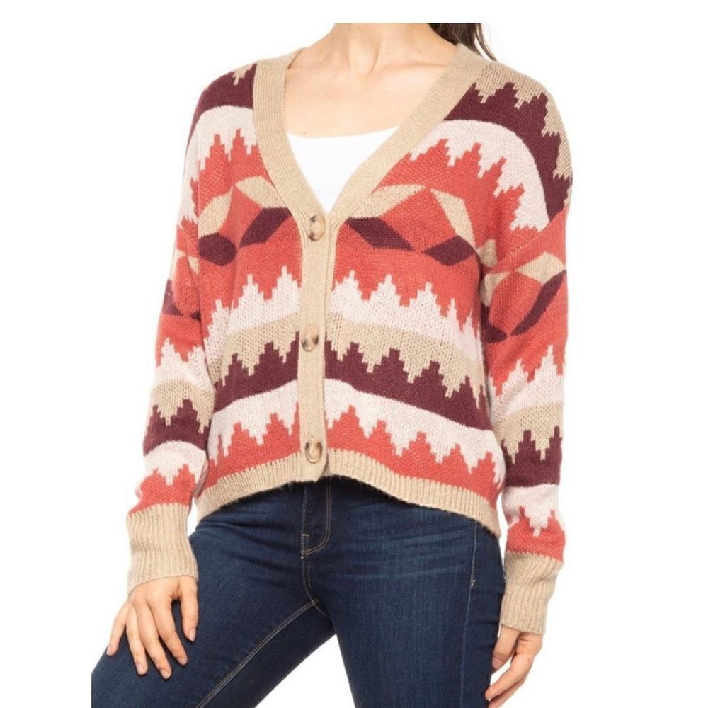 C&C California brown Aztec print button down cardigan size medium